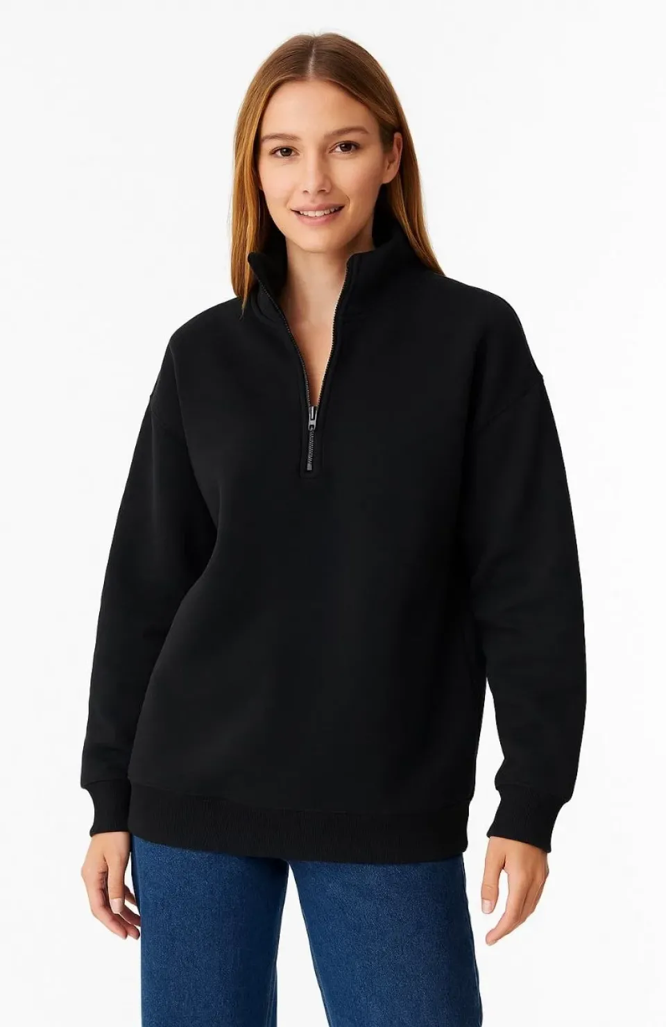 Kadın Üç İplik Dık Yaka Yarım Fermuarlı SweatShirt - Siyah