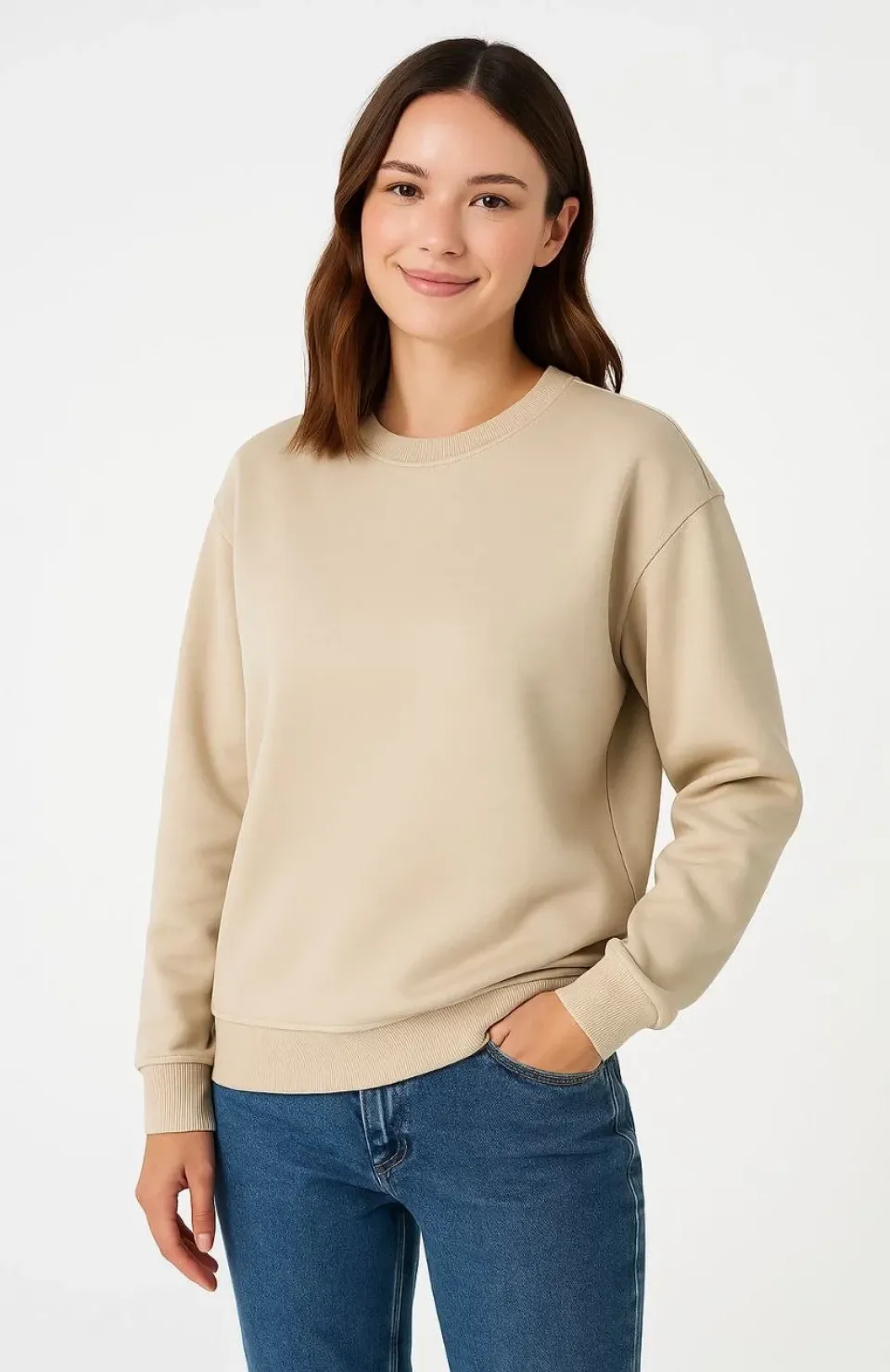 Kadın Üç İplik Düz Bisiklet Yaka SweatShirt - Bej