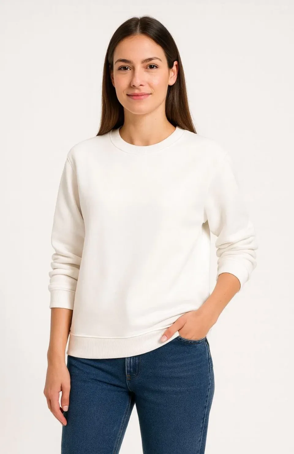 Kadın Üç İplik Düz Bisiklet Yaka SweatShirt - Beyaz