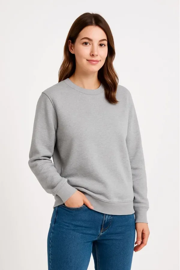Kadın Üç İplik Düz Bisiklet Yaka SweatShirt - Gri