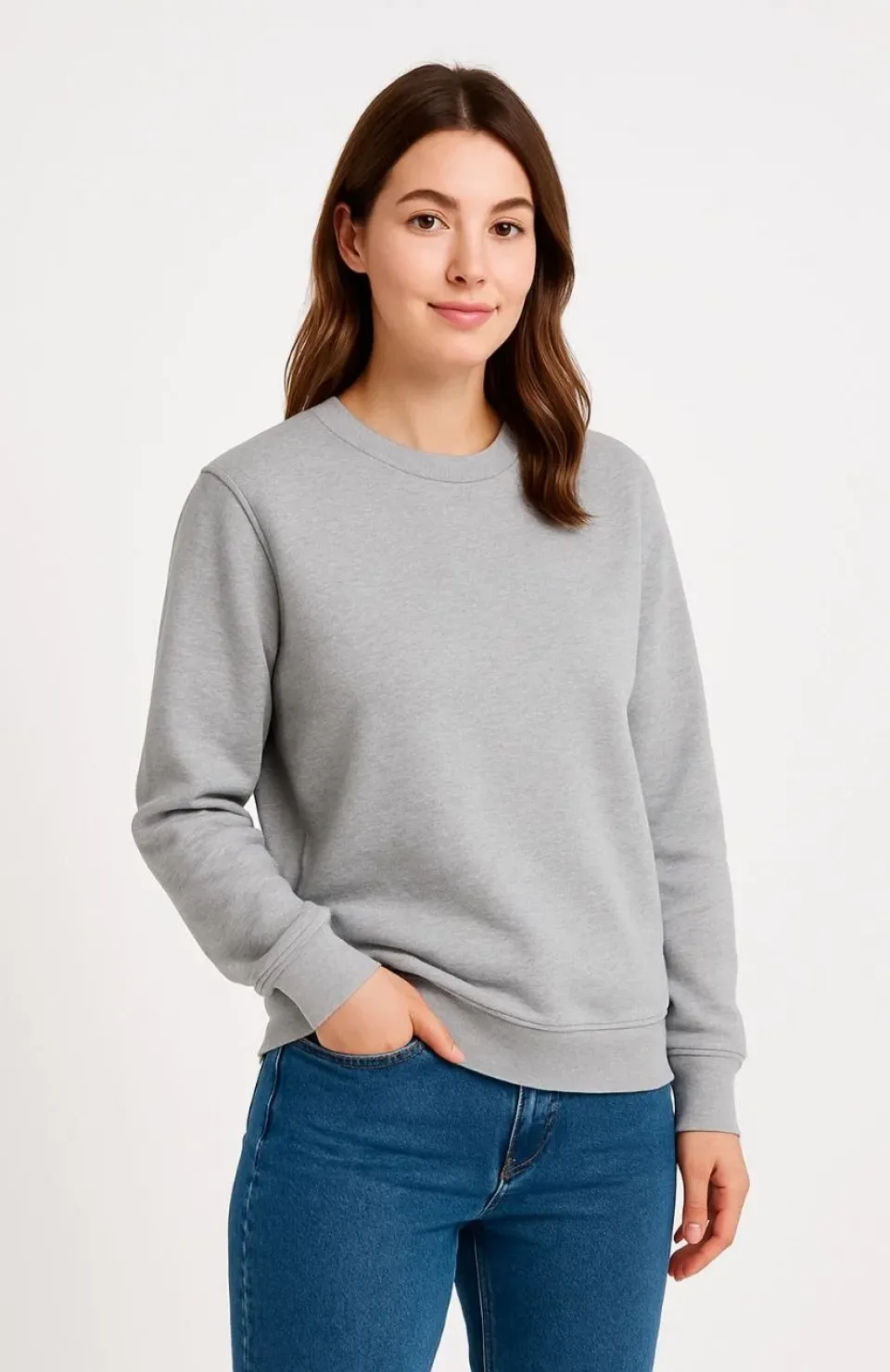 Kadın Üç İplik Düz Bisiklet Yaka SweatShirt - Gri