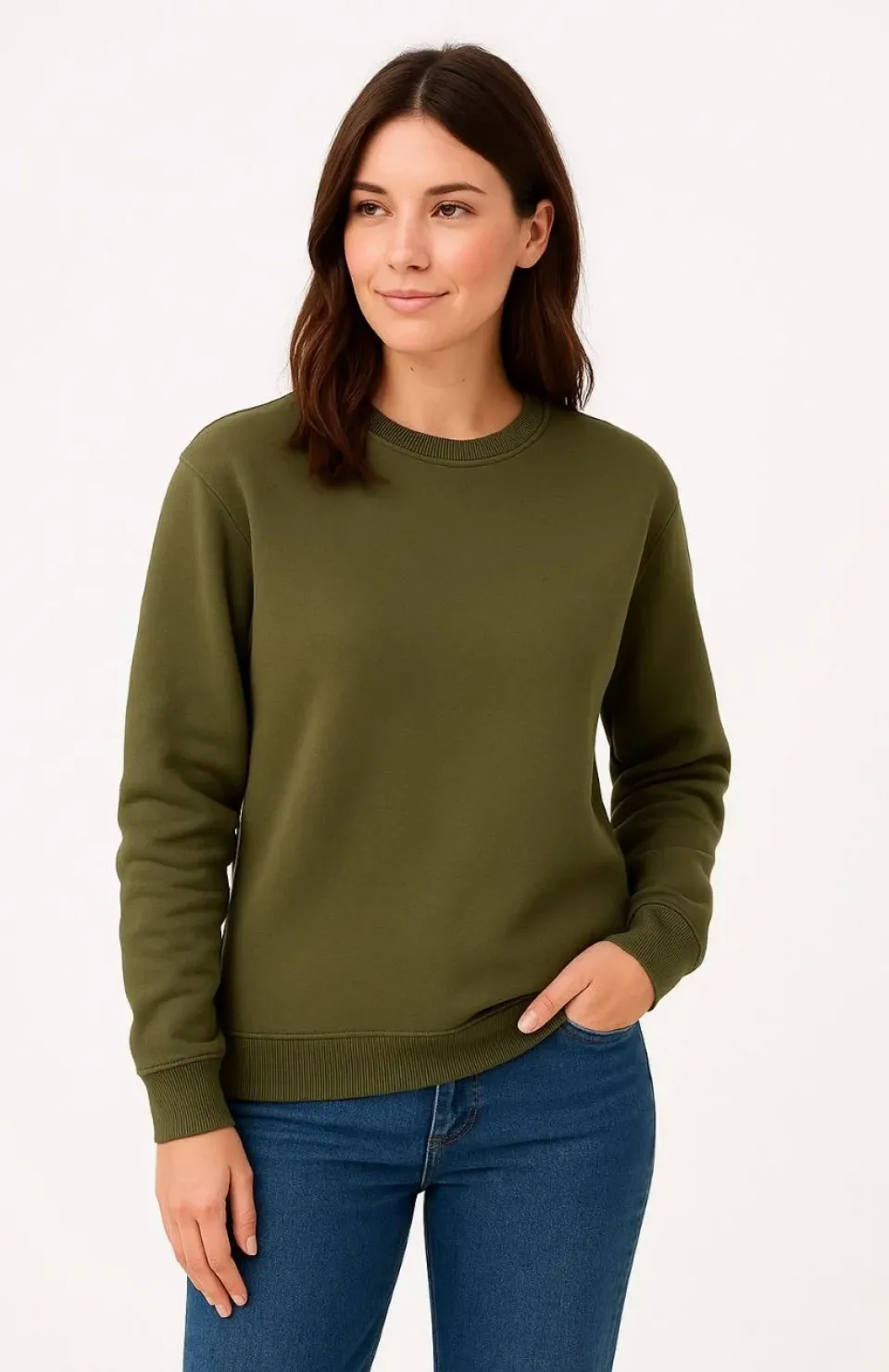 Kadın Üç İplik Düz Bisiklet Yaka SweatShirt - Haki