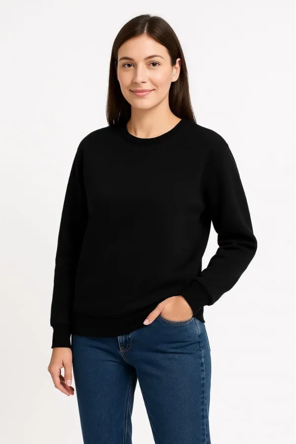 Kadın Üç İplik Düz Bisiklet Yaka SweatShirt - Siyah