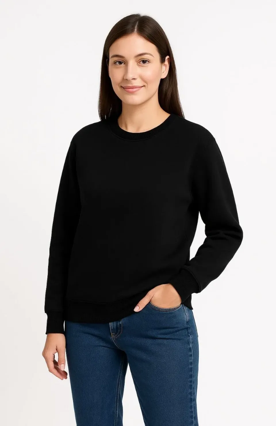 Kadın Üç İplik Düz Bisiklet Yaka SweatShirt - Siyah