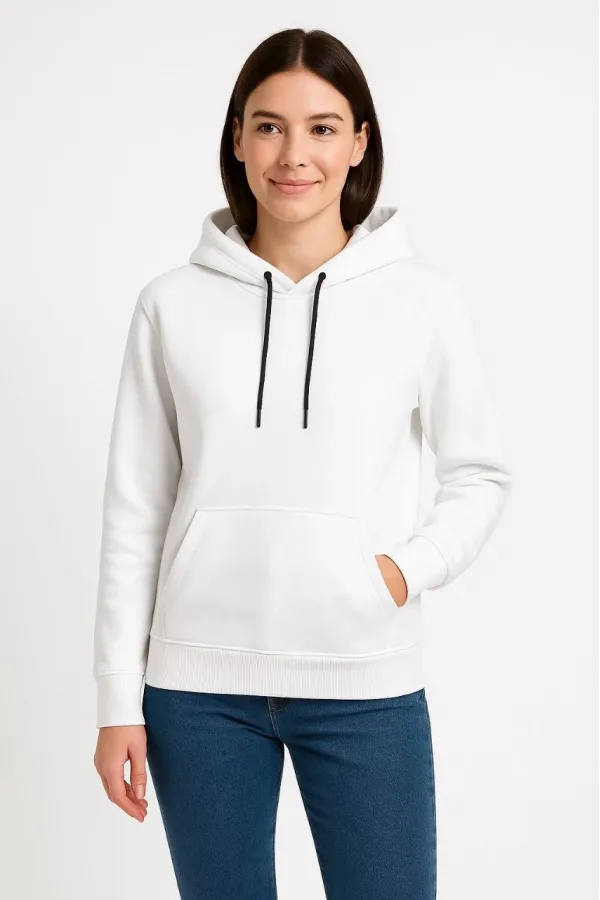 Kadın Üç İplik Kapüşonlu Kanguru Çepli SweatShirt hoodie - Beyaz