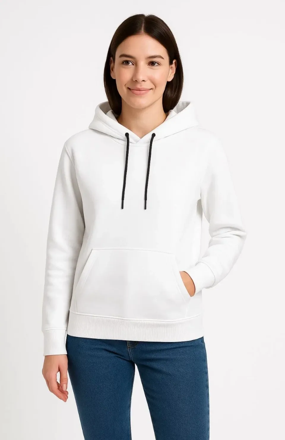 Kadın Üç İplik Kapüşonlu Kanguru Çepli SweatShirt hoodie - Beyaz