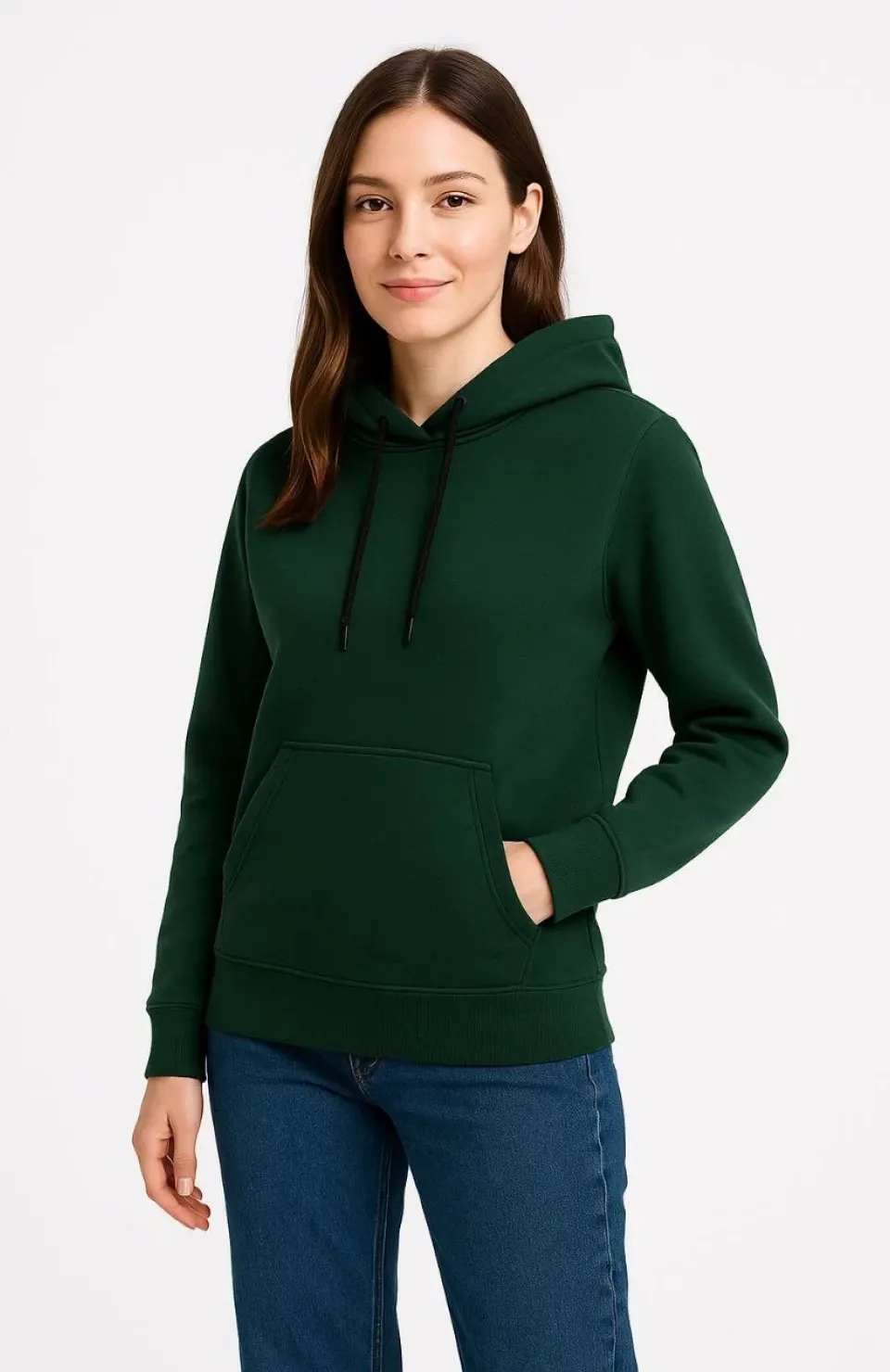 Kadın Üç İplik Kapüşonlu Kanguru Cepli Sweatshirt hoodie - Haki