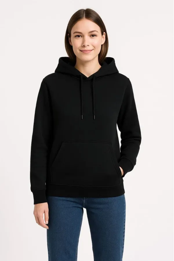 Kadın Üç İplik Kapüşonlu Kanguru Cepli Sweatshirt hoodie - Siyah