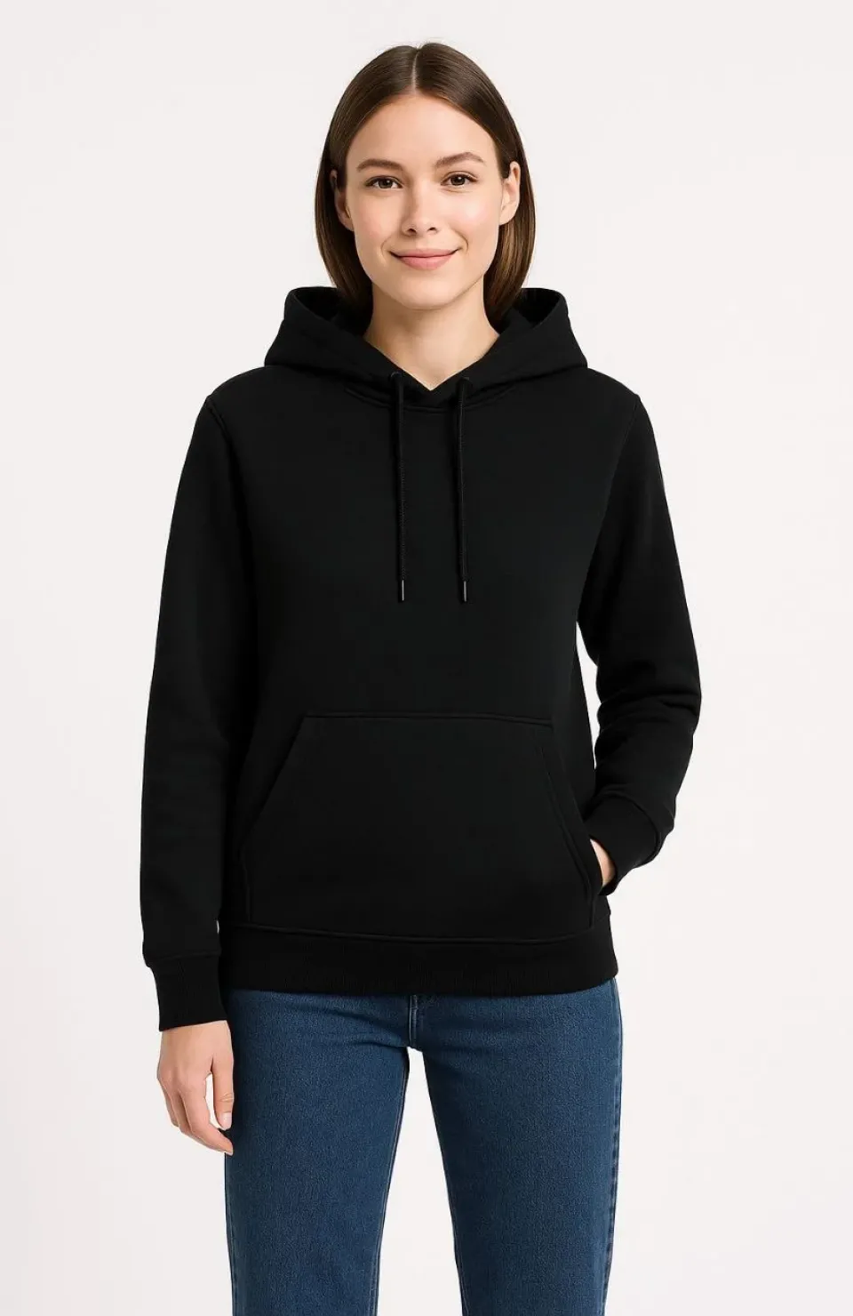 Kadın Üç İplik Kapüşonlu Kanguru Cepli Sweatshirt hoodie - Siyah