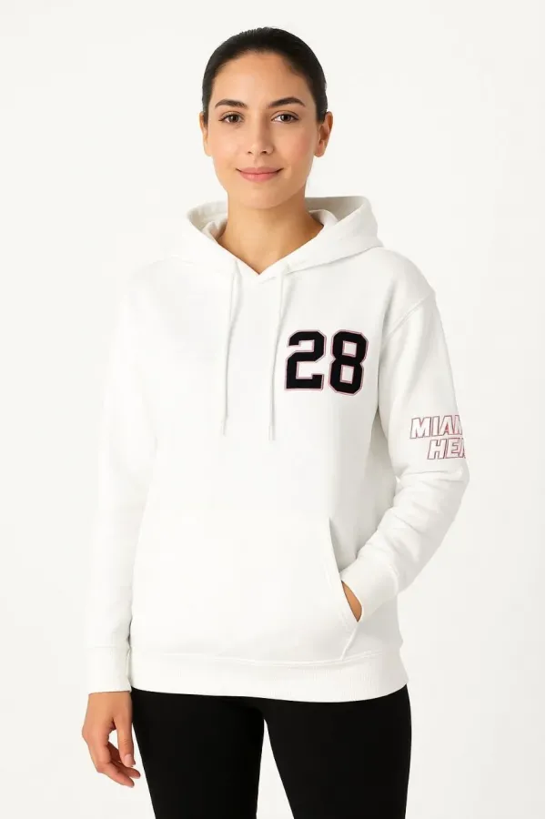 Kadın Üç İplik Kapüşonlu Ön ve Arka Baskılı SweatShirt hoodie - Beyaz