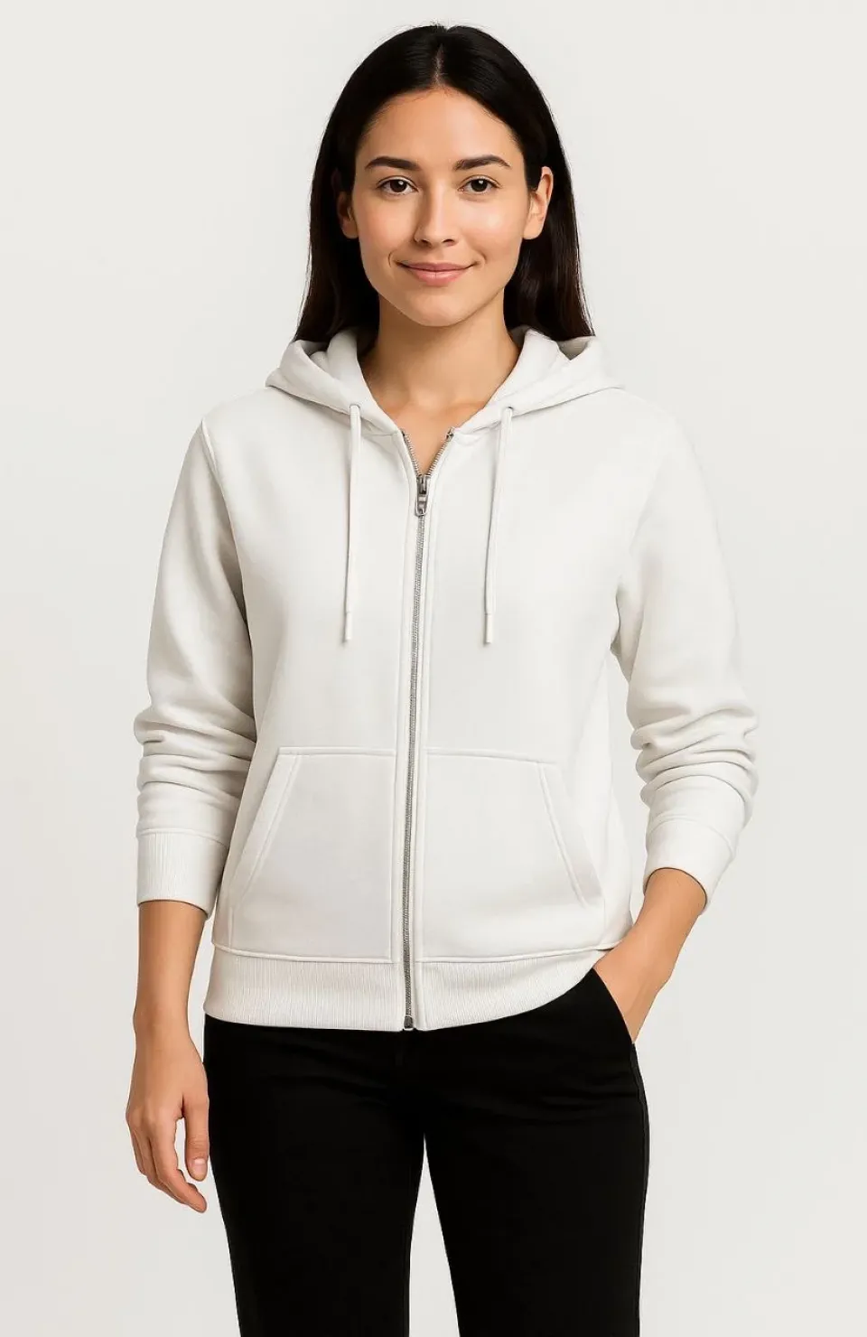 Kadın Üç İplik Kapüşonlu Tam Fermuarlı Kanguru Çepli SweatShirt Hoodie - Beyaz