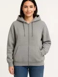 Kadın Üç İplik Kapüşonlu Tam Fermuarlı Kanguru Çepli SweatShirt Hoodie - Gri