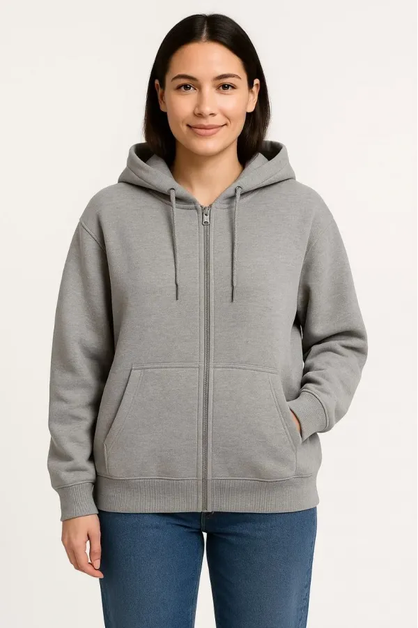 Kadın Üç İplik Kapüşonlu Tam Fermuarlı Kanguru Çepli SweatShirt Hoodie - Gri