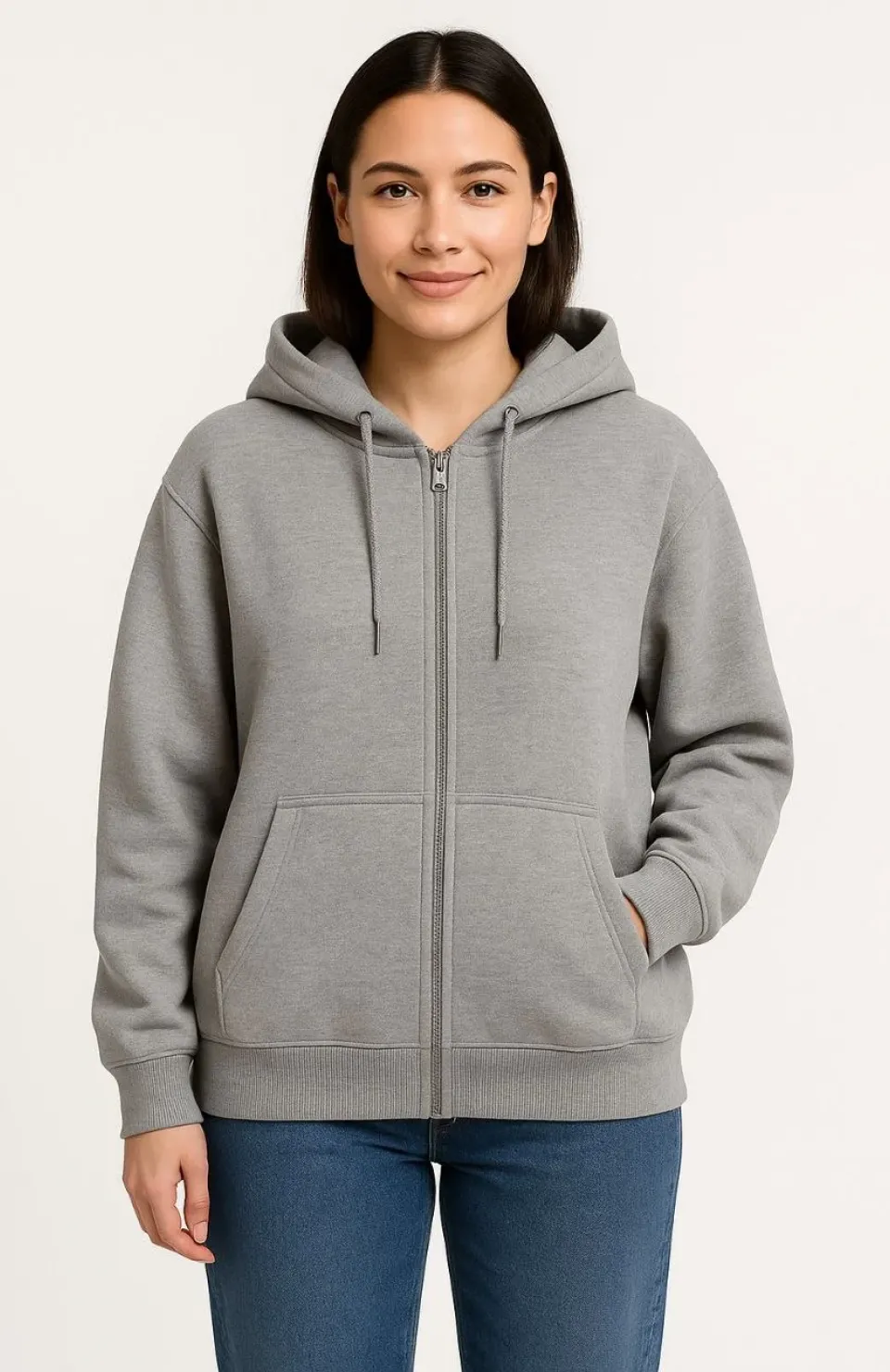 Kadın Üç İplik Kapüşonlu Tam Fermuarlı Kanguru Çepli SweatShirt Hoodie - Gri