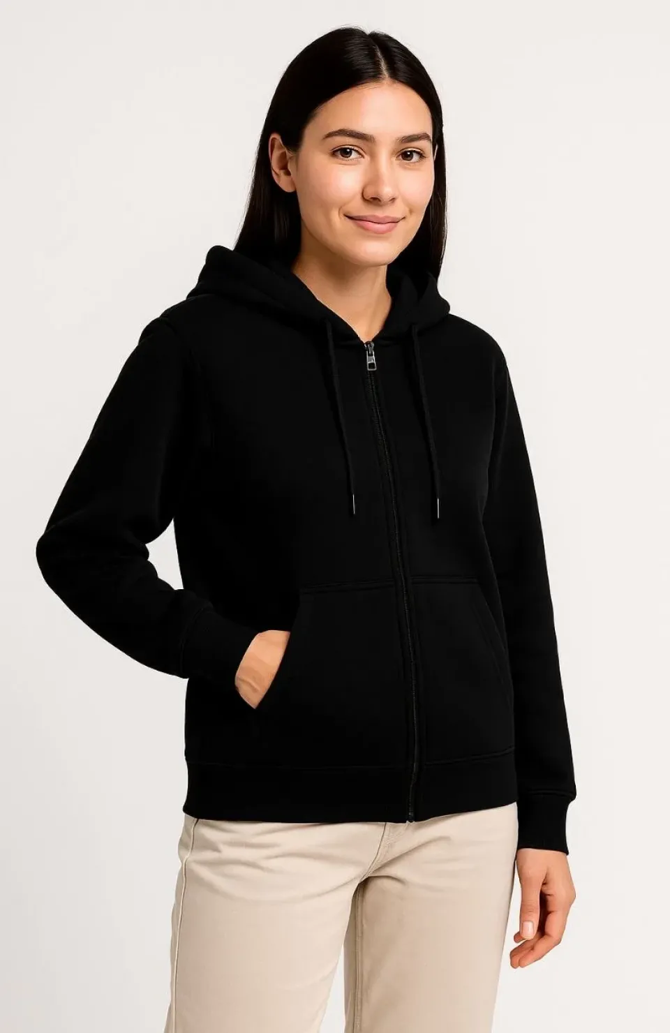 Kadın Üç İplik Kapüşonlu Tam Fermuarlı Kanguru Çepli SweatShirt Hoodie - Siyah
