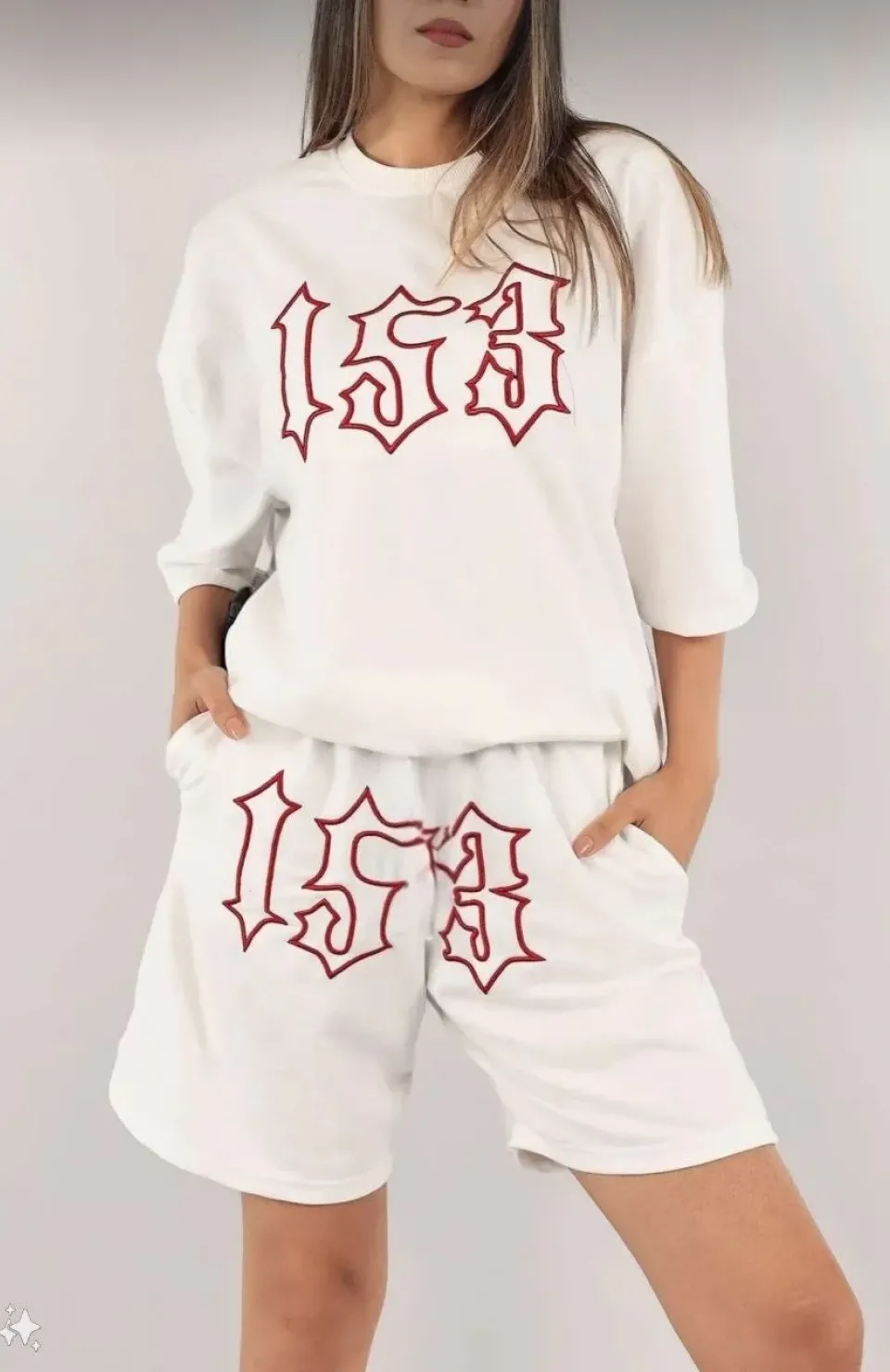 Kadın Unisex Nakış İşlemeli Şort Takım - Beyaz