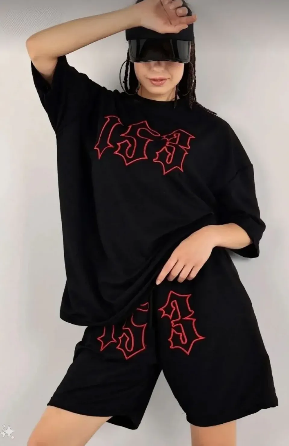 Kadın Unisex Nakış İşlemeli Şort Takım - Siyah