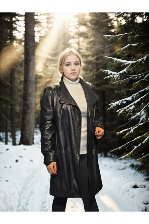 Kadın Uzun Kollu Hakiki Deri Ceket - Siyah