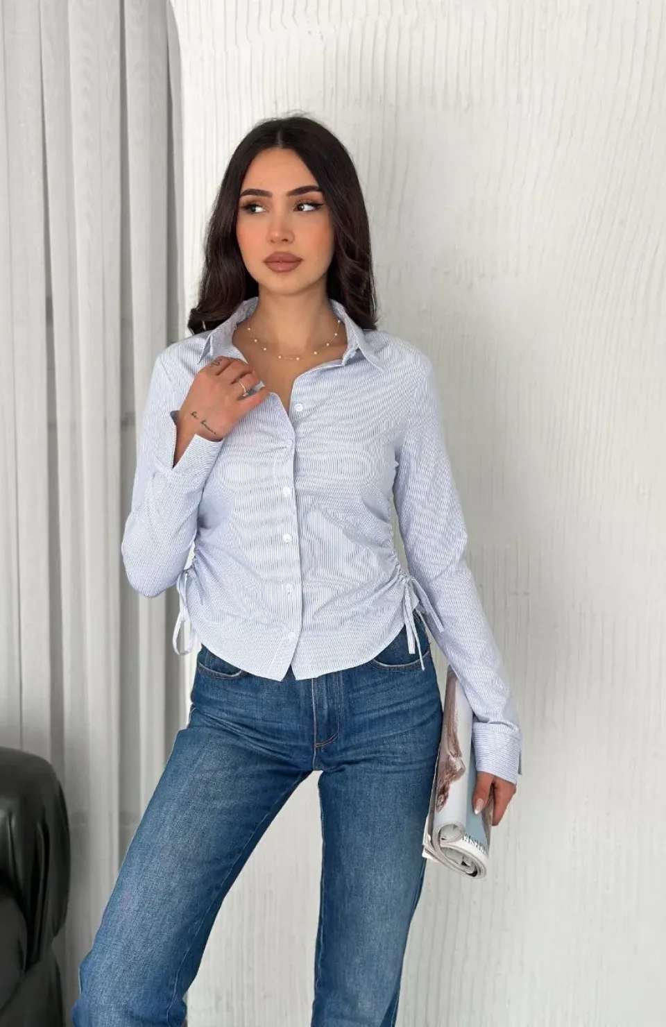 Kadın Uzun Kollu yandan Bağlama detaylı Gömlek - Beyaz