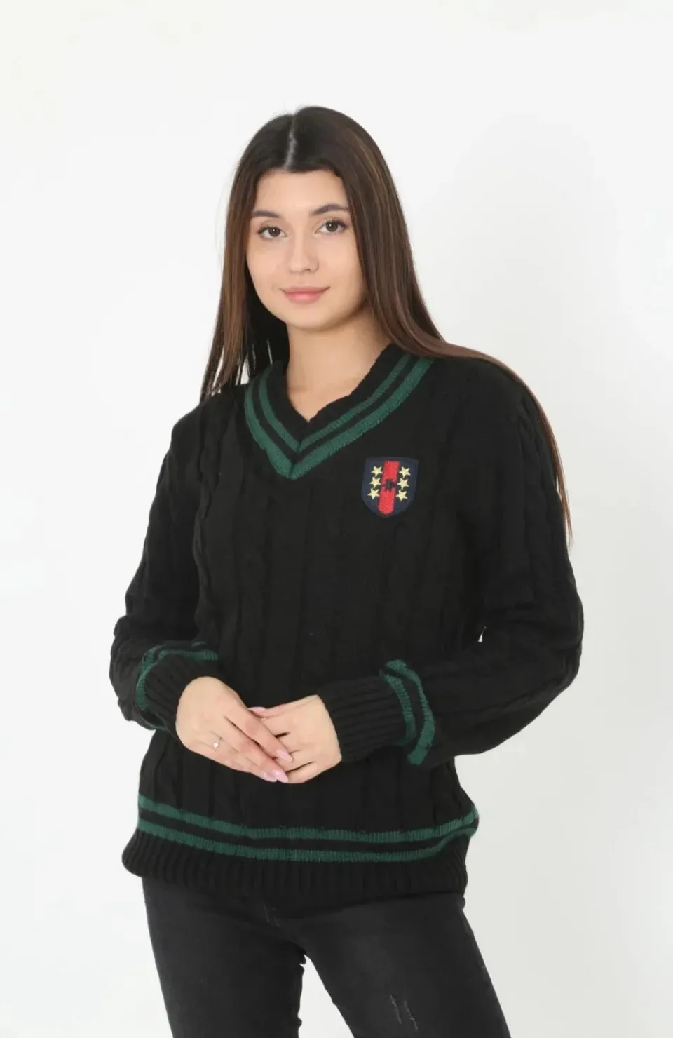 Kadın V Yaka Örgülü Kazak - Siyah Somersan Giyim | Kadın, Erkek ve Çocuk Moda