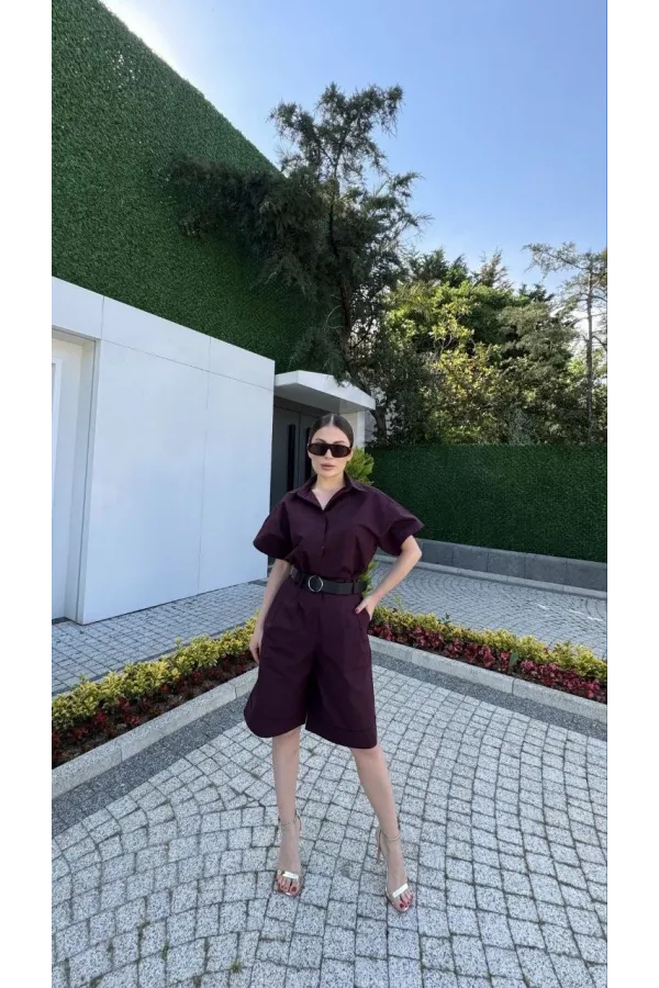 Kadın Yakalı Gömlek Kemerli Şortlu Takım - Bordo