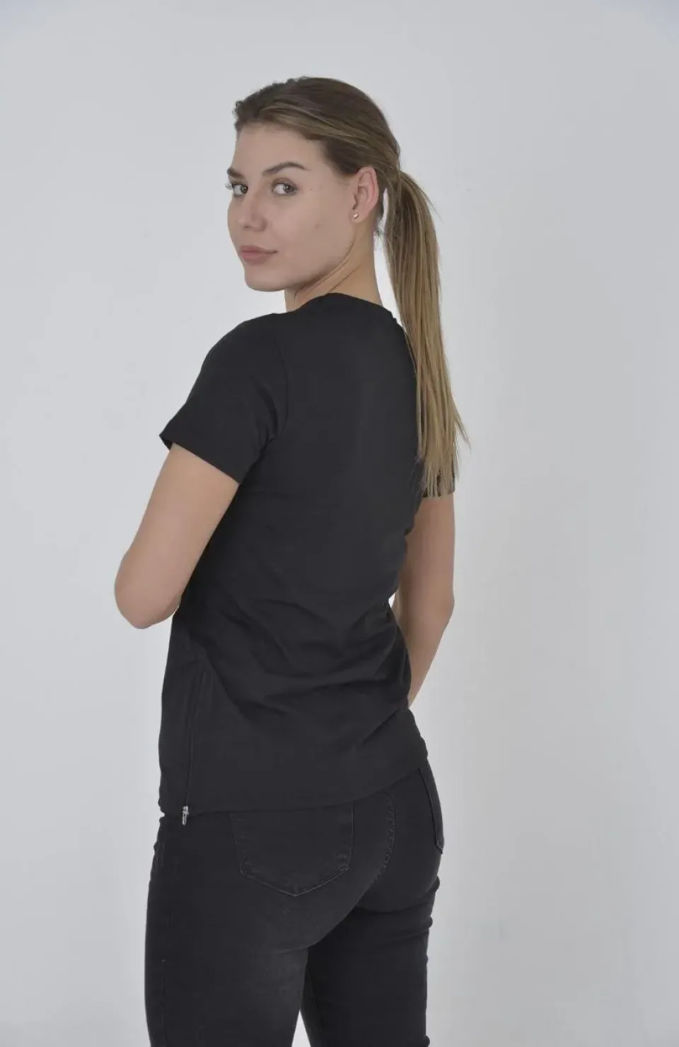 Kadın Yandan Fermuarli Slim fit T-shirt - Siyah
