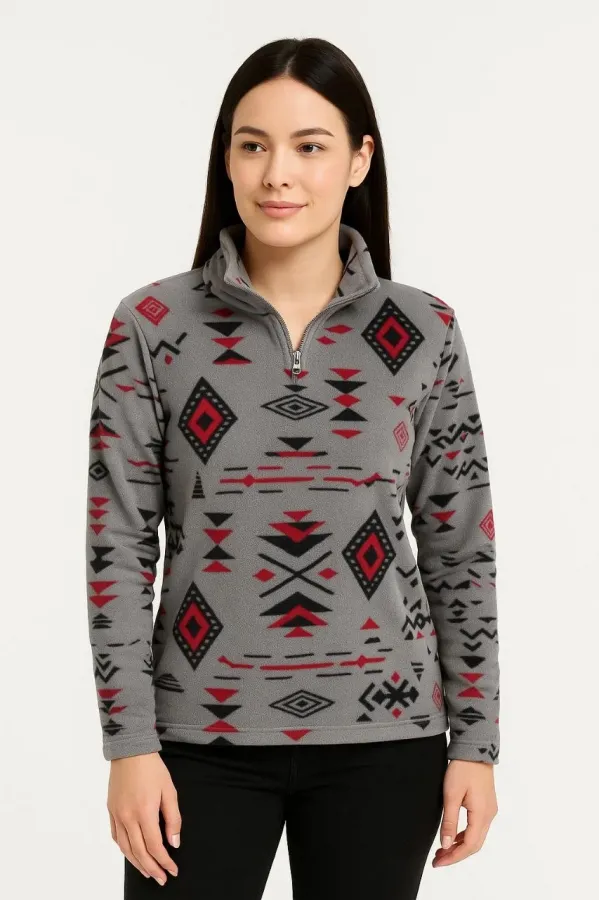 Kadın Yarım Fermuarlı Desenli Polar Sweat Tribal Etnik Desen Yakalı, Uzun Kollu, Oversize Rahat Kalıp - Füme