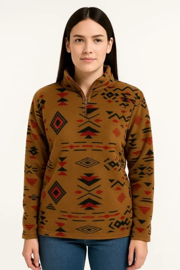 Kadın Yarım Fermuarlı Desenli Polar Sweat Tribal Etnik Desen Yakalı, Uzun Kollu, Oversize Rahat Kalıp - Kahverengi