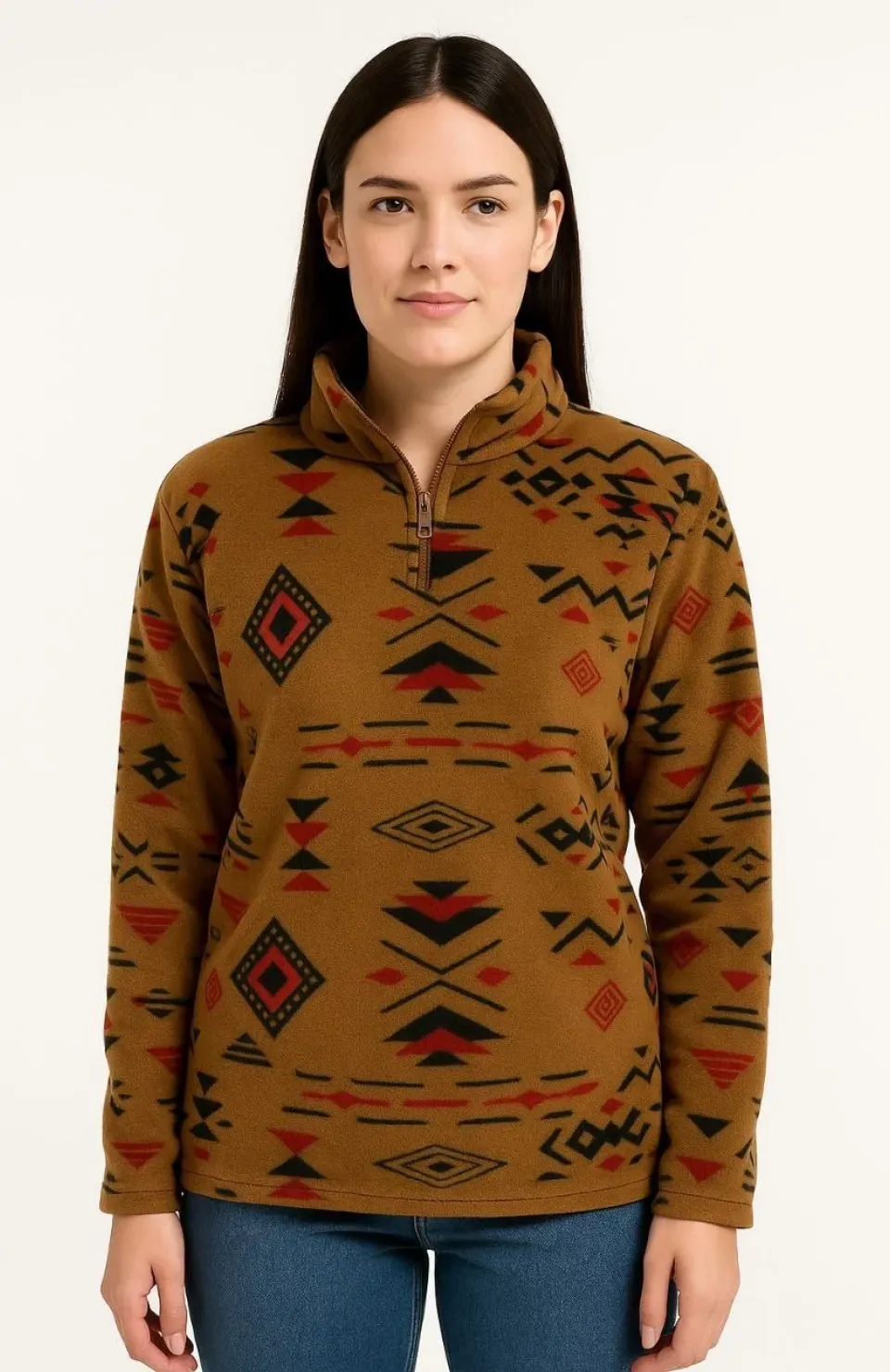 Kadın Yarım Fermuarlı Desenli Polar Sweat Tribal Etnik Desen Yakalı, Uzun Kollu, Oversize Rahat Kalıp - Kahverengi
