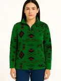 Kadın Yarım Fermuarlı Desenli Polar Sweat Tribal Etnik Desen Yakalı, Uzun Kollu, Oversize Rahat Kalıp - Yeşil