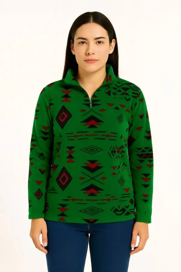 Kadın Yarım Fermuarlı Desenli Polar Sweat Tribal Etnik Desen Yakalı, Uzun Kollu, Oversize Rahat Kalıp - Yeşil