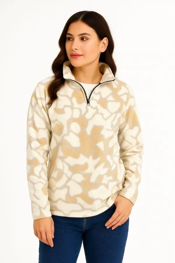 KADIN Yarım Fermuarlı Desenli Polar Sweat Yakalı, Uzun Kollu, Oversize Rahat Kalıp - Bej