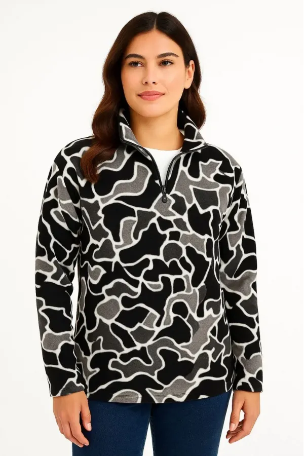 KADIN Yarım Fermuarlı Desenli Polar Sweat Yakalı, Uzun Kollu, Oversize Rahat Kalıp - Siyah