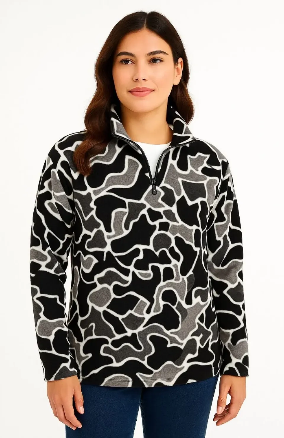 KADIN Yarım Fermuarlı Desenli Polar Sweat Yakalı, Uzun Kollu, Oversize Rahat Kalıp - Siyah