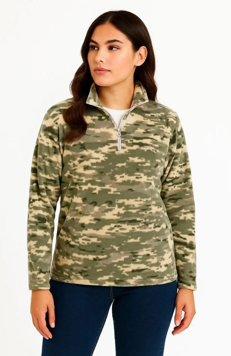 Kadın Yarım Fermuarlı Desenli Polar Sweat – Haki Kamuflaj Yakalı, Uzun Kollu, Oversize Rahat Kalıp - Haki