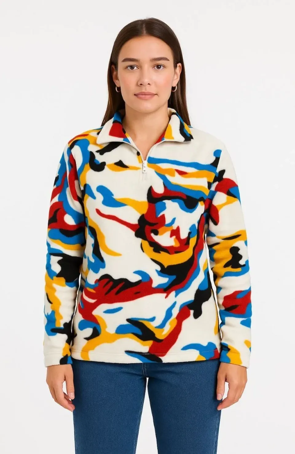 Kadın Yarım Fermuarlı Desenli Polar Sweat – Renkli Abstract Desen Yakalı, Uzun Kollu, Oversize Rahat Kalıp - Beyaz