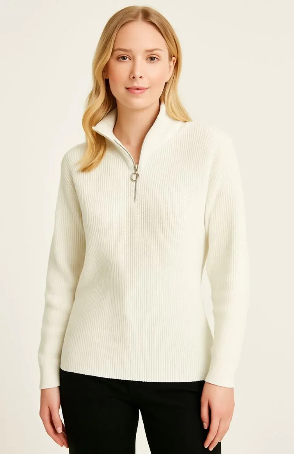 KADIN Yarım Fermuarlı Triko Kazak – Selanik Örgü, Dik Yaka, Pamuklu Dokuma, Oversize Uzun Kollu Kışlık Model - Beyaz Somersan Giyim | Kadın, Erkek ve Çocuk Moda