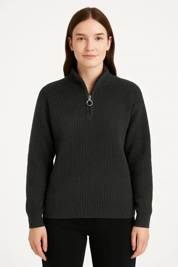 KADIN Yarım Fermuarlı Triko Kazak – Selanik Örgü, Dik Yaka, Pamuklu Dokuma, Oversize Uzun Kollu Kışlık Model - Füme