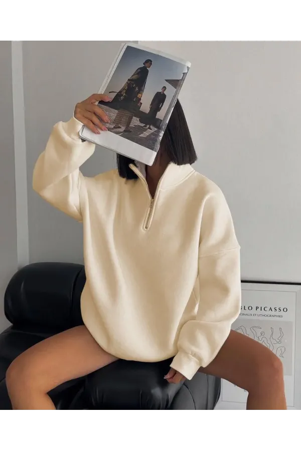 Kadın Yarım Fermuarlı Üç İplik Sweatshirt - Bej