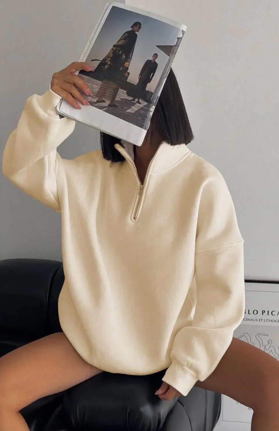 Kadın Yarım Fermuarlı Üç İplik Sweatshirt - Bej Somersan Giyim | Kadın, Erkek ve Çocuk Moda