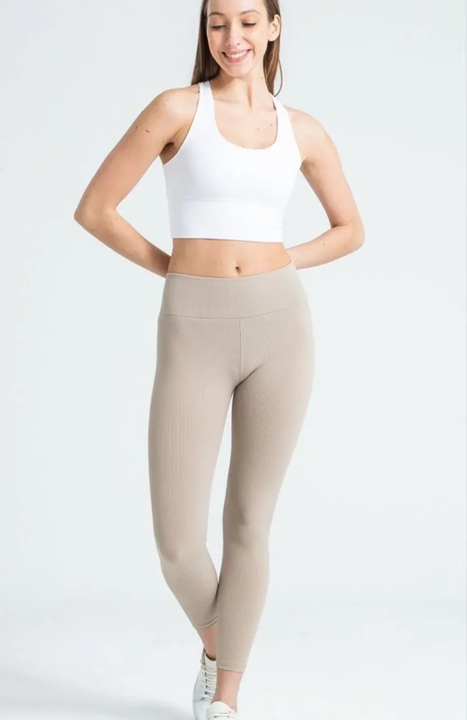 Kadın Yüksek Bel Fitilli Tayt - Bej
