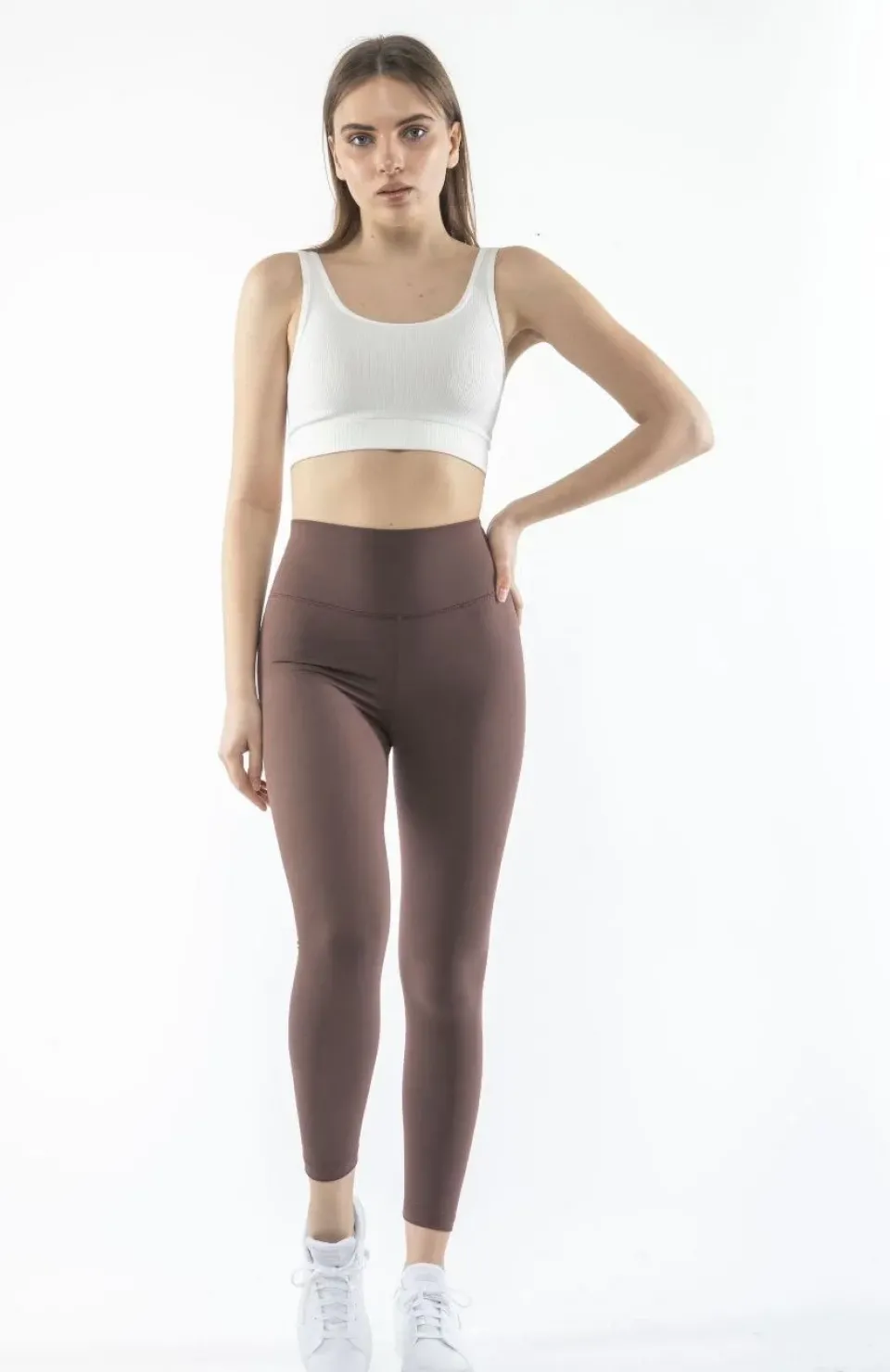 Kadın Yüksek Bel Sporcu Düz Tayt - Kahverengi