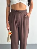 Kadın Yüksel Bel Rahat Boru Paça Pantalon - Kahverengi