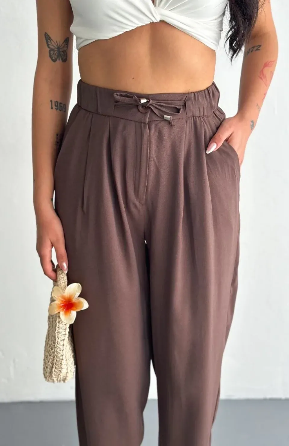 Kadın Yüksel Bel Rahat Boru Paça Pantalon - Kahverengi