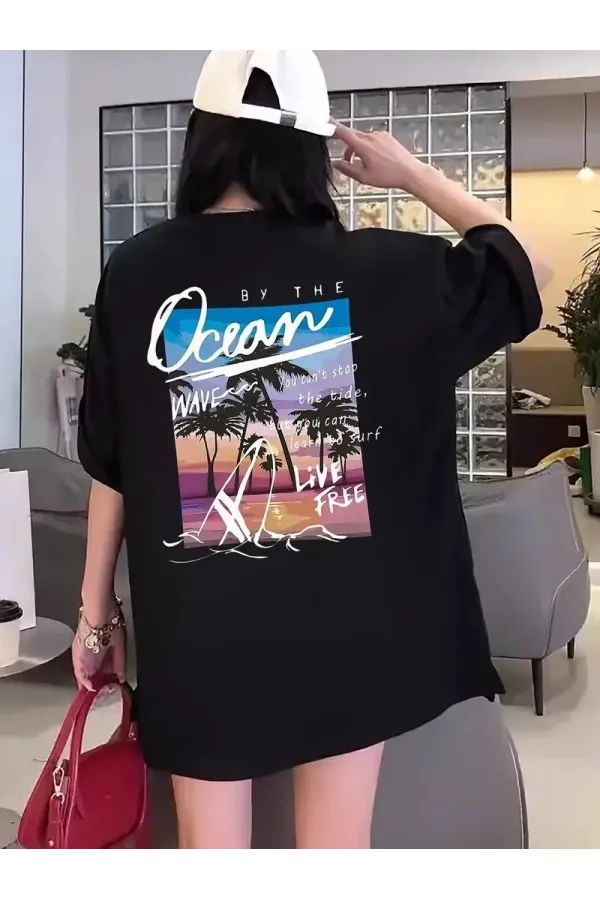 Kadınlar İçin Geniş Kesim Tişört - Kısa Kollu, Bol Kesim, Manzaralı Okyanus Baskı, Günlük Yazlık Üst, Siyah- Siyah