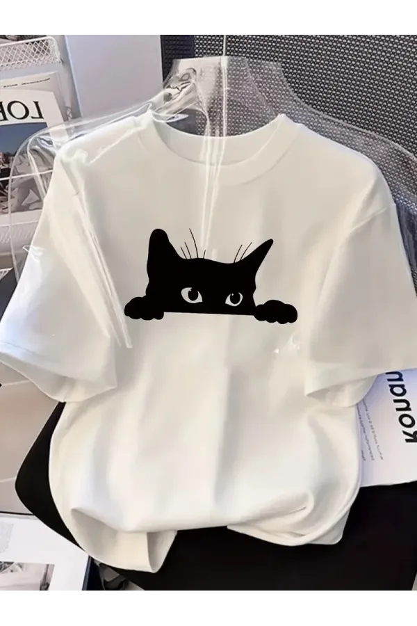 Kadınlar için Şık Siyah Kedi Grafik Tişört - Oversize Kısa Kollu Üst, Nefes Alabilir Polyester Karışımı, Makinede Yıkanabilir - Mükemmel Yaz Modası - Beyaz