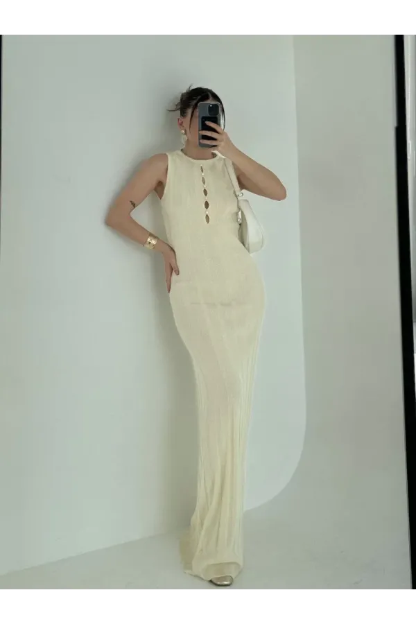 Kalın Fitilli Uzun Triko Elbise - Kırık Beyaz