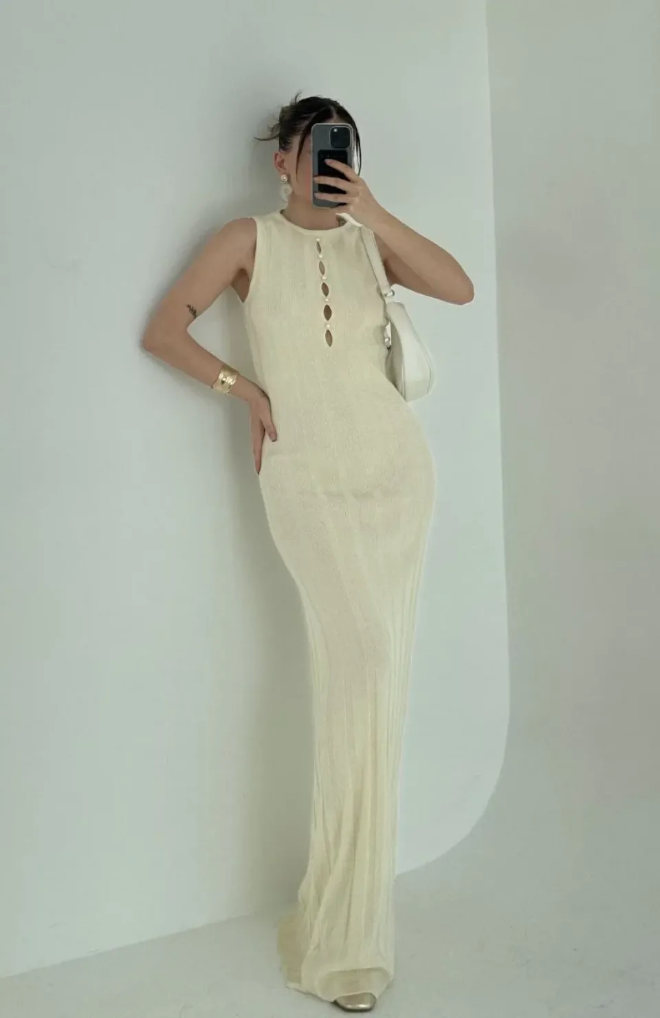 Kalın Fitilli Uzun Triko Elbise - Kırık Beyaz