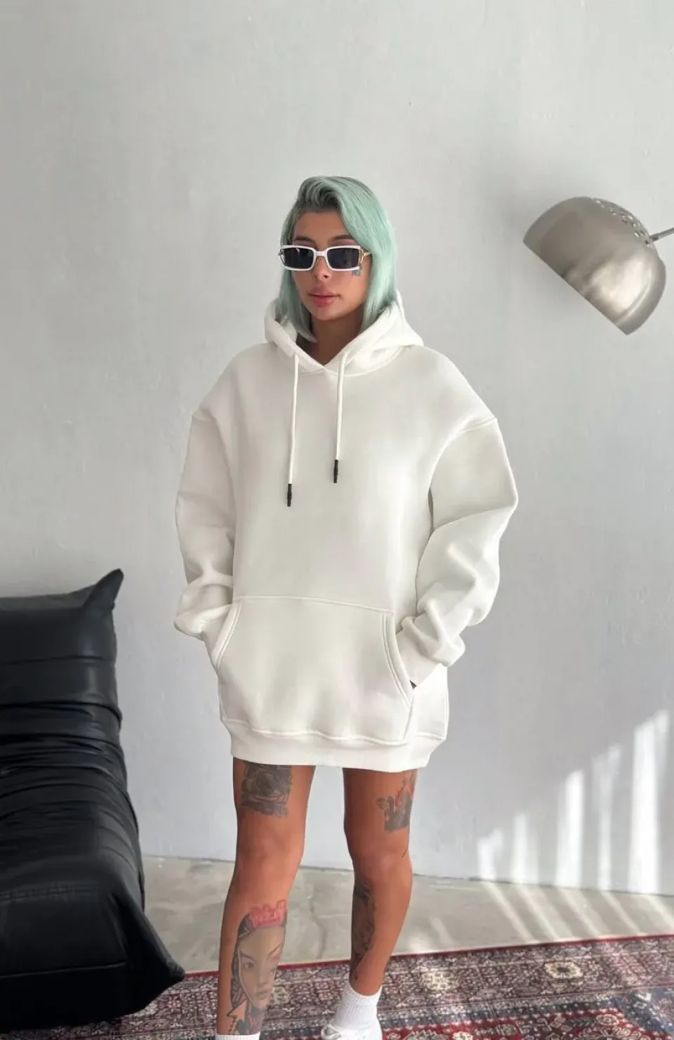 Kapüşonlu Üç İplik Penye Basic SweatShirt - Beyaz Somersan Giyim | Kadın, Erkek ve Çocuk Moda