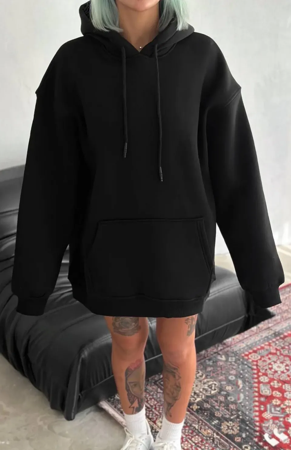 Kapüşonlu Üç İplik Penye Basic SweatShirt - Siyah